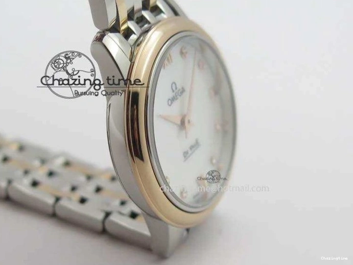 0426 De Ville 27mm SS RG Ladies MK 1:1 Best Edition White MOP Dial Diamond Markers On SS Bracelet Ronda Quartz Chic 8198